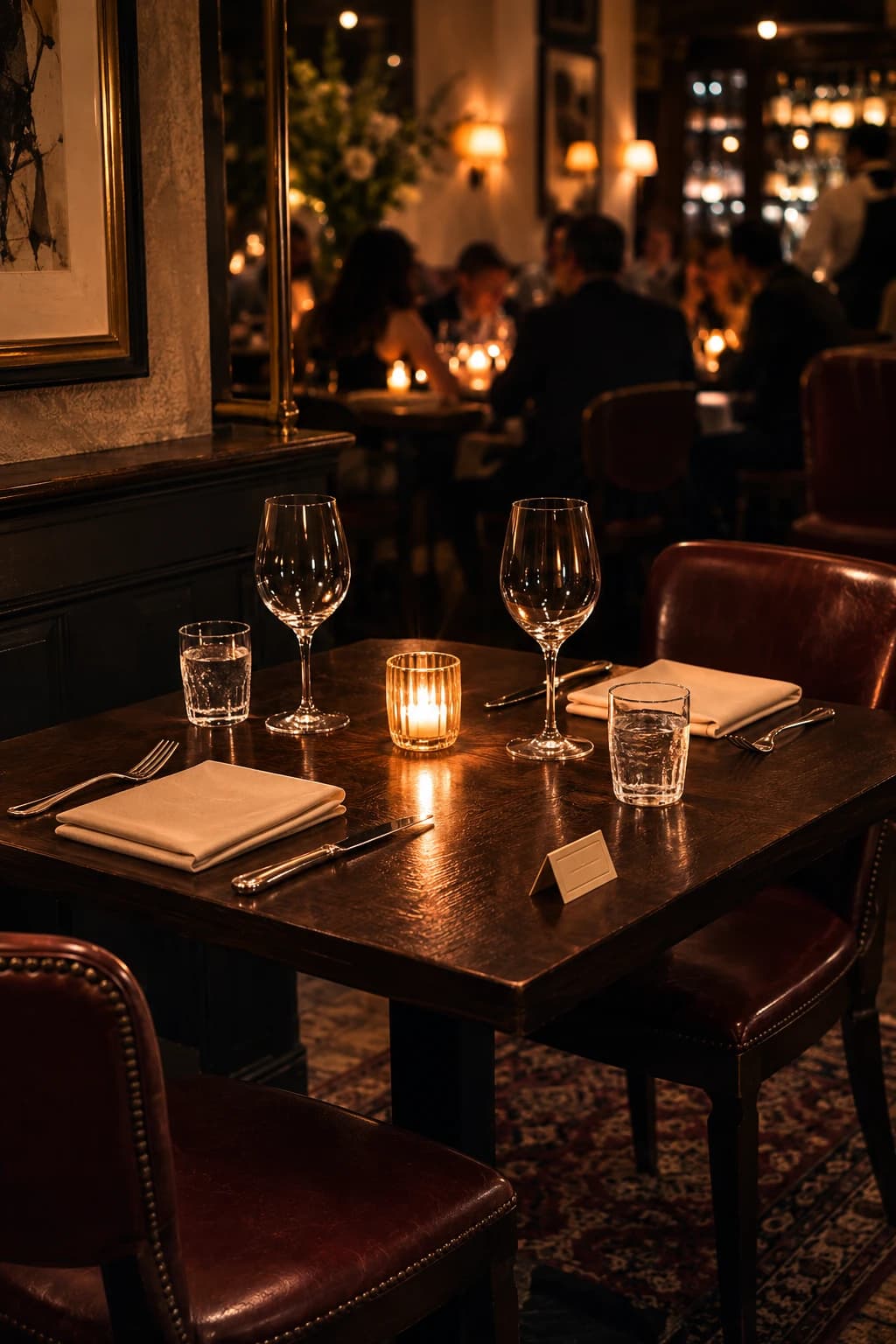 A table for two set and held with a reserved card on it