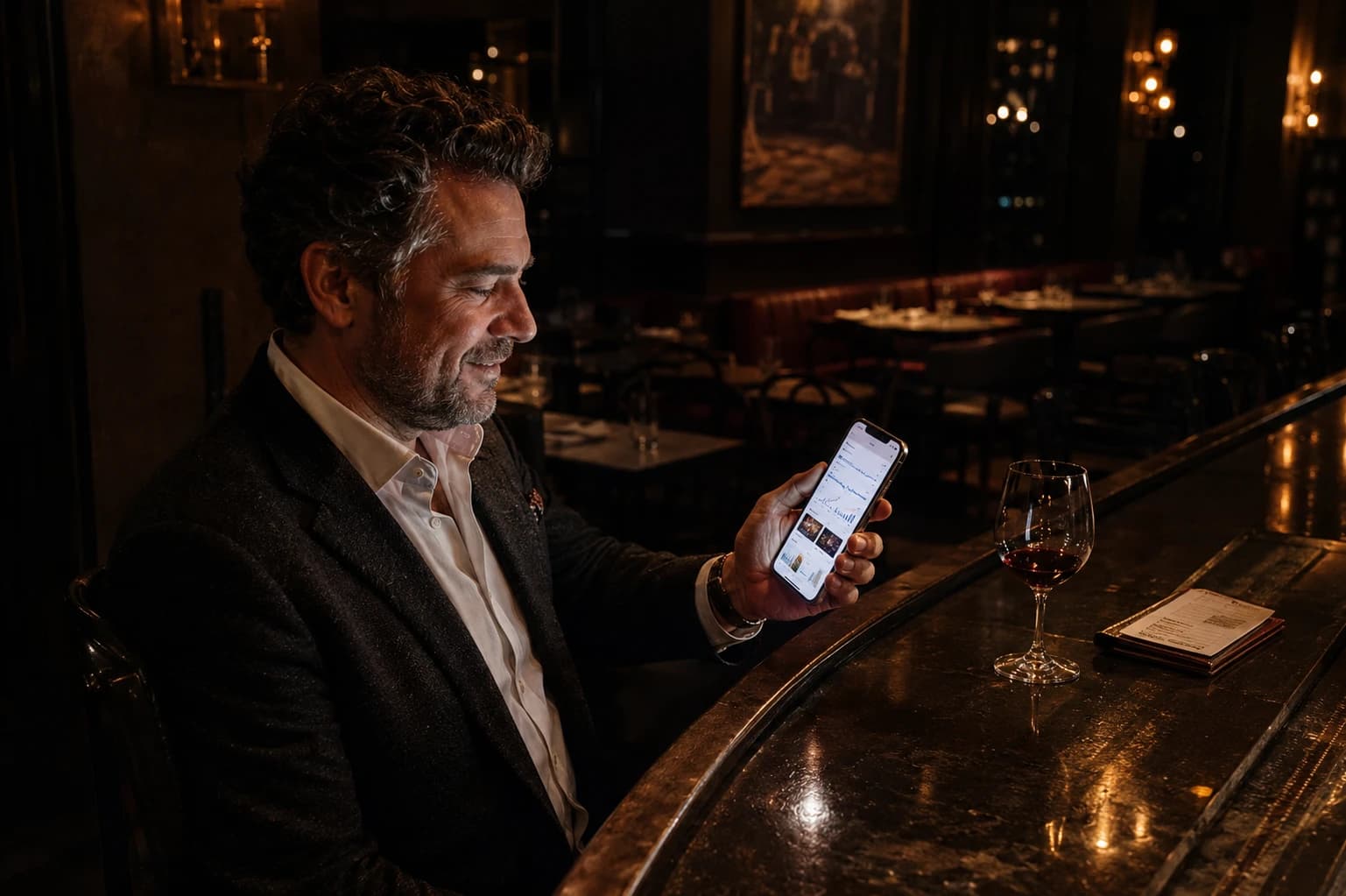 An owner reading the month’s numbers on a phone at the bar after service
